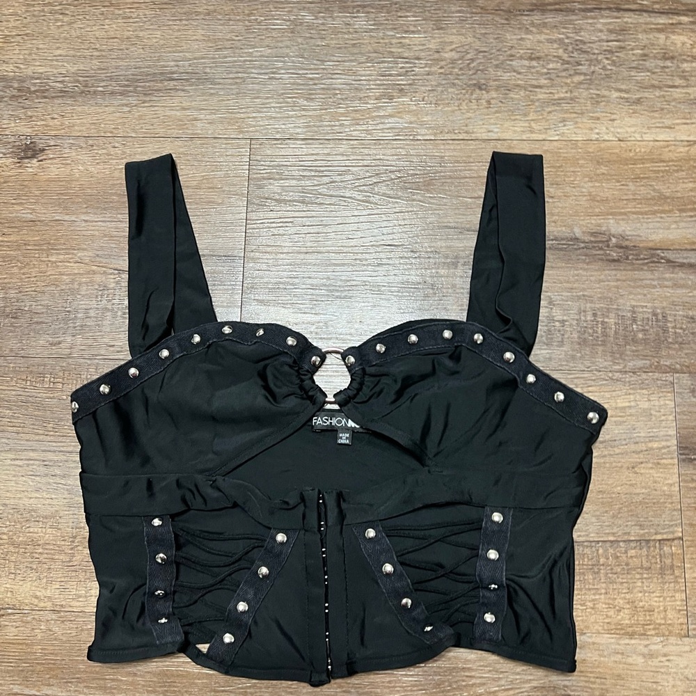 Fashion Nova Black Studded Corset-Style Crop Top